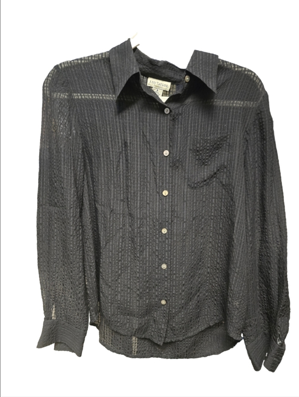Ann Taylor Black 100% Silk Sheer Textured Button-Down Blouse Sz.6